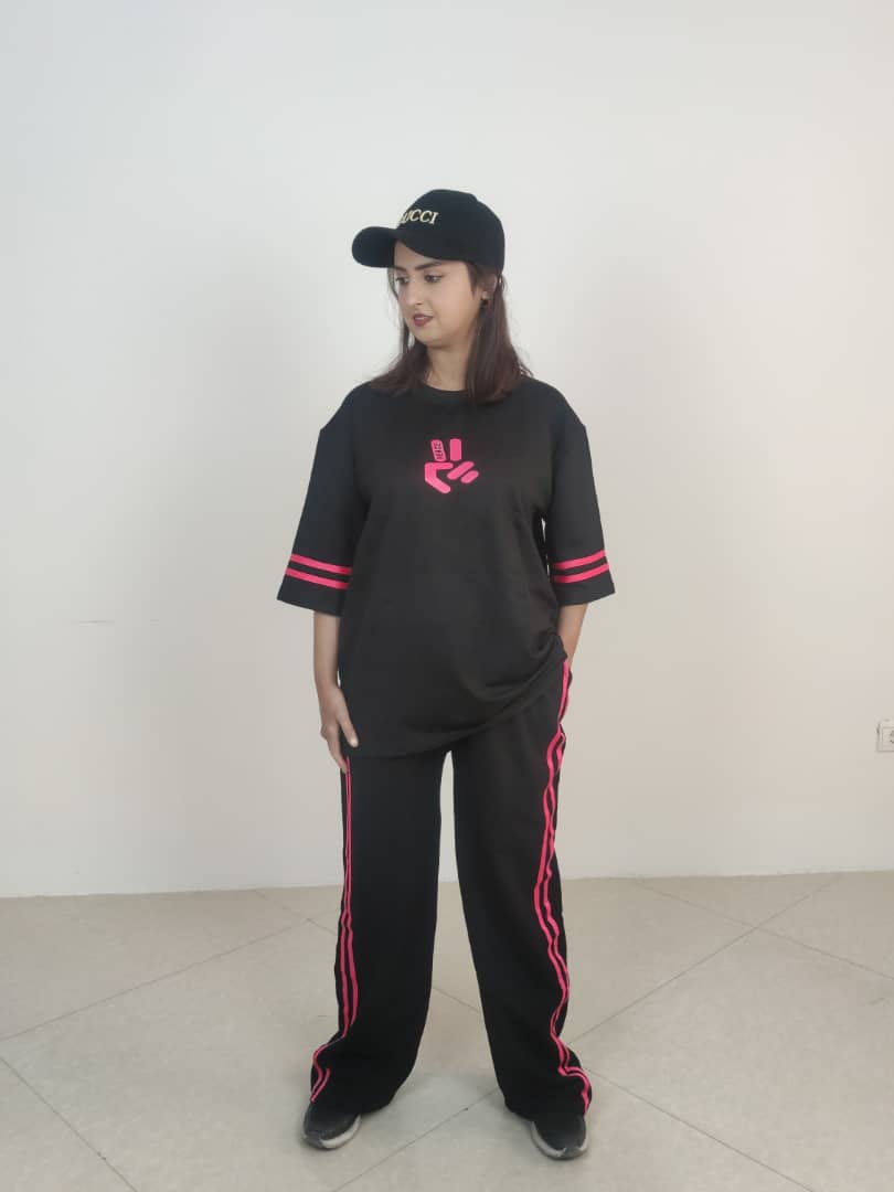 ست لانگ و شلوار بگ مشکی سرخابی