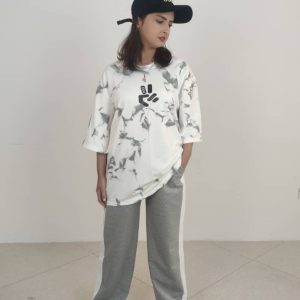 ست لانگ و شلوار بگ سفید طوسی