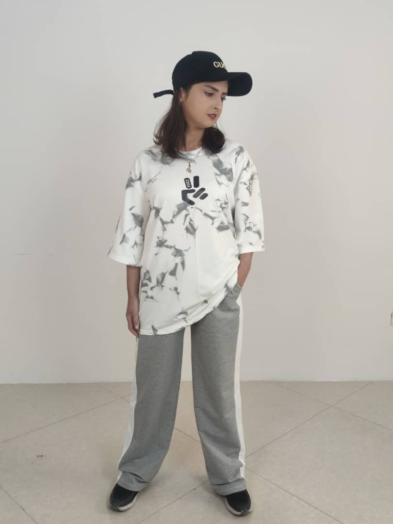 ست لانگ و شلوار بگ سفید طوسی